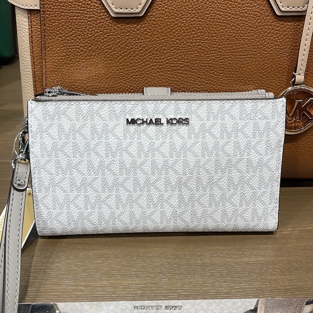 MICHAEL KORS LARGE DOUBLE ZIP WRISTLET PHONEHOLDER WALLET CLUTCH  BRIGHT WHITE